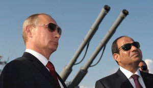 Russia's President Putin and his Egyptian counterpart Sisi attend a welcoming ceremony onboard guided missile cruiser Moskva at Sochi